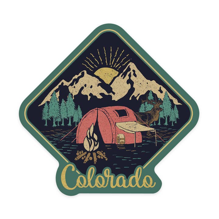 STICKER Colorado, Camping Scene and Elk for wholesale by Lantern Press