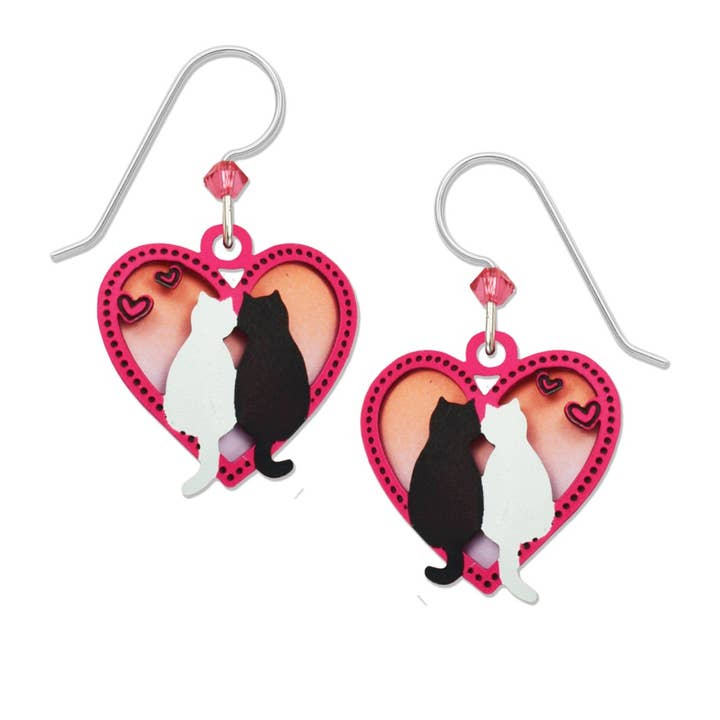 Left Hand Studios - Vente Boucles d'oreilles pendantes - Chats noirs et blancs en cœur