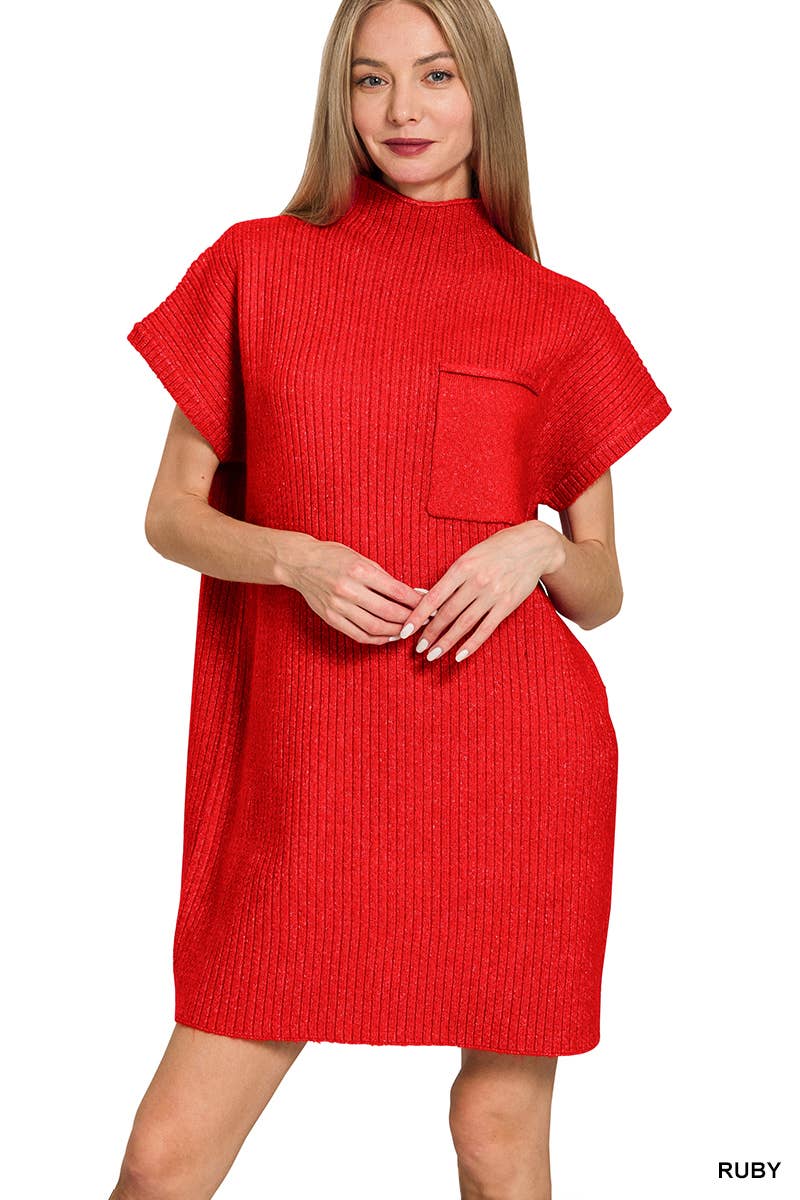 42POPS - Wholesale Dress - Women's - ..SI-26560 Mock Neck Short Sleeve Sweater Dress With Pocket22