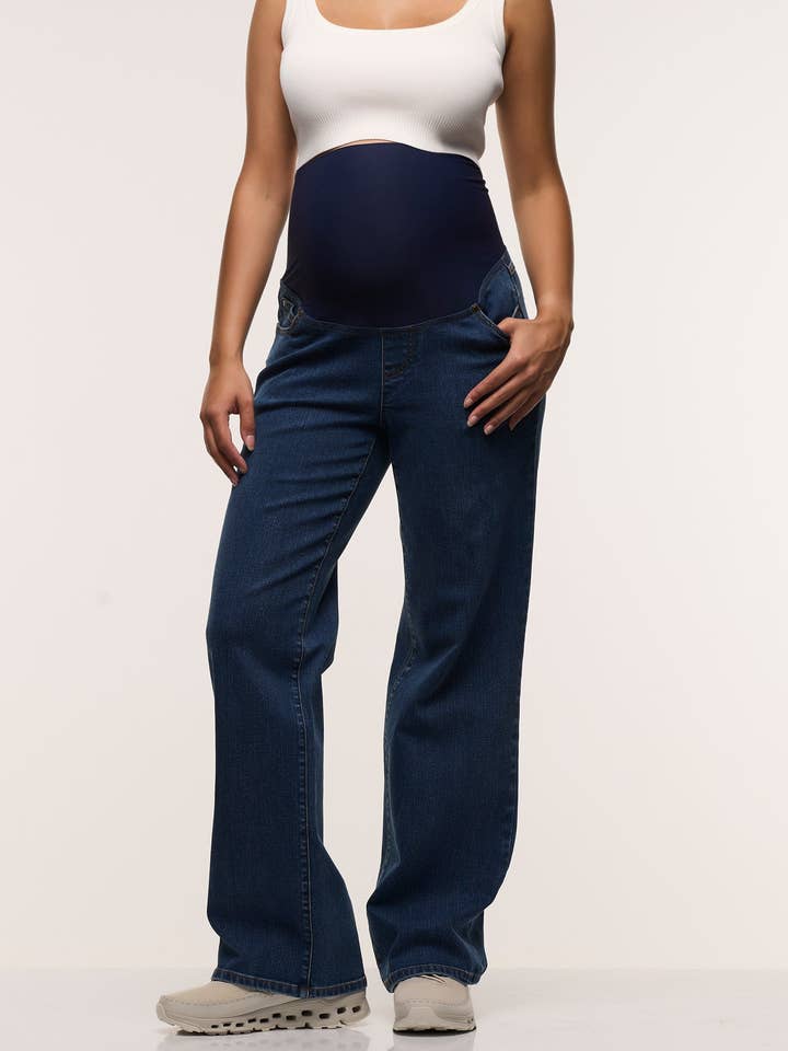 Vaqueros de maternidad de pierna recta con banda sobre el vientre para venta al por mayor de Soon Maternity