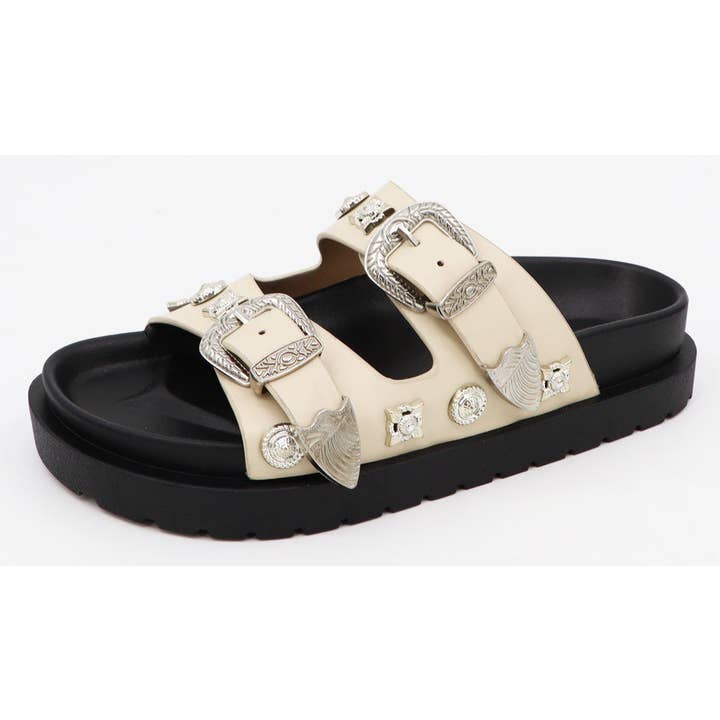 Mars Sky Shoes Wholesale - Wholesale Sandals - Women's - Bamboo Women Metal Studded Double Buckle Strap Slide Sandals