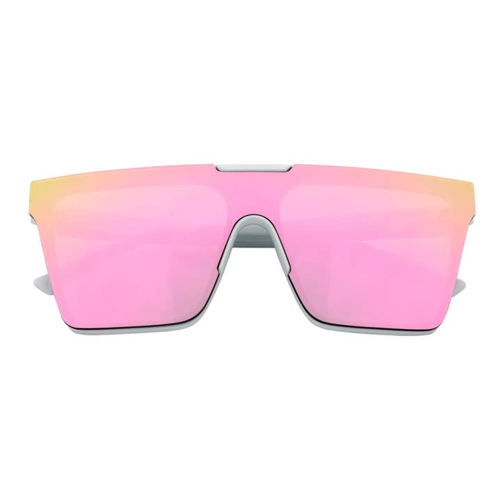 ELEKTRISCH - Große randlose rechteckige Schild-Sonnenbrille Weiß Pink Spiegel für den Großhandel von Morspecs