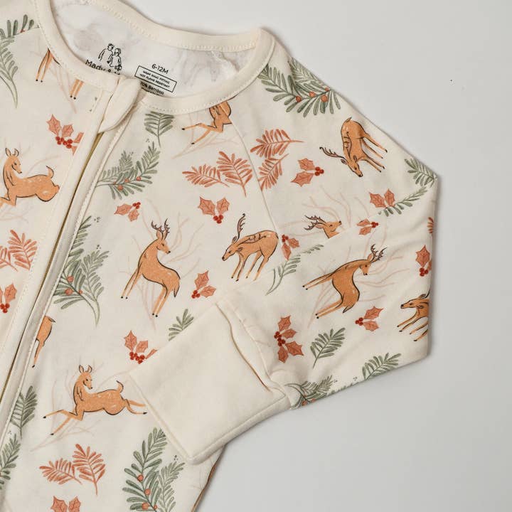 2-Way Zipper Convertible Pajama - Deer + Holly for wholesale by Mady & Max