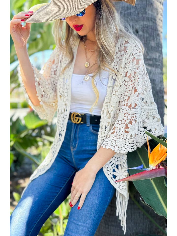 Ivory Floral Crochet 3/4 Sleeve With Tassel Kimono for wholesale on Faire