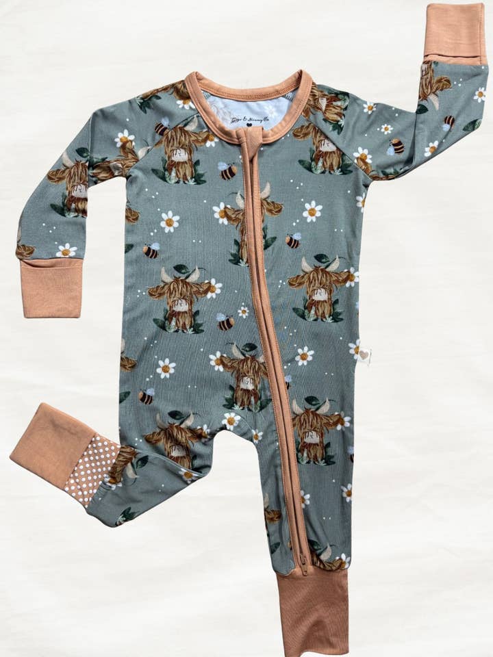 Daisy Mae Highland Cow Zippy Pajama for wholesale by Gigi & Ninny Co