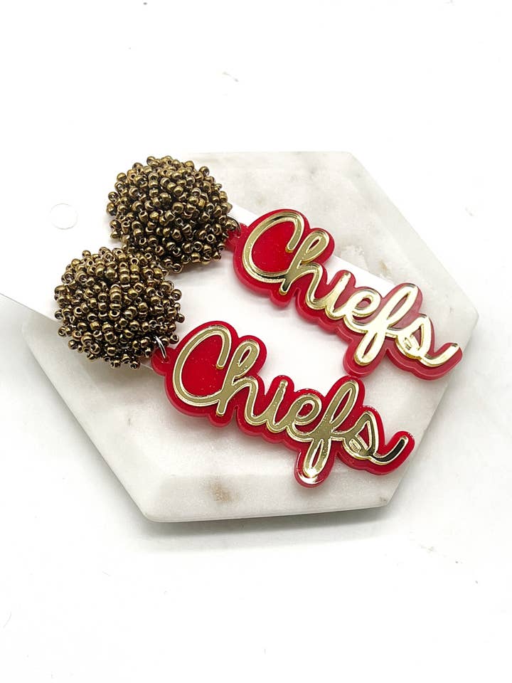 Kansas City Chiefs Acrylic Pom Football Statement Earrings for wholesale by Baubles by B