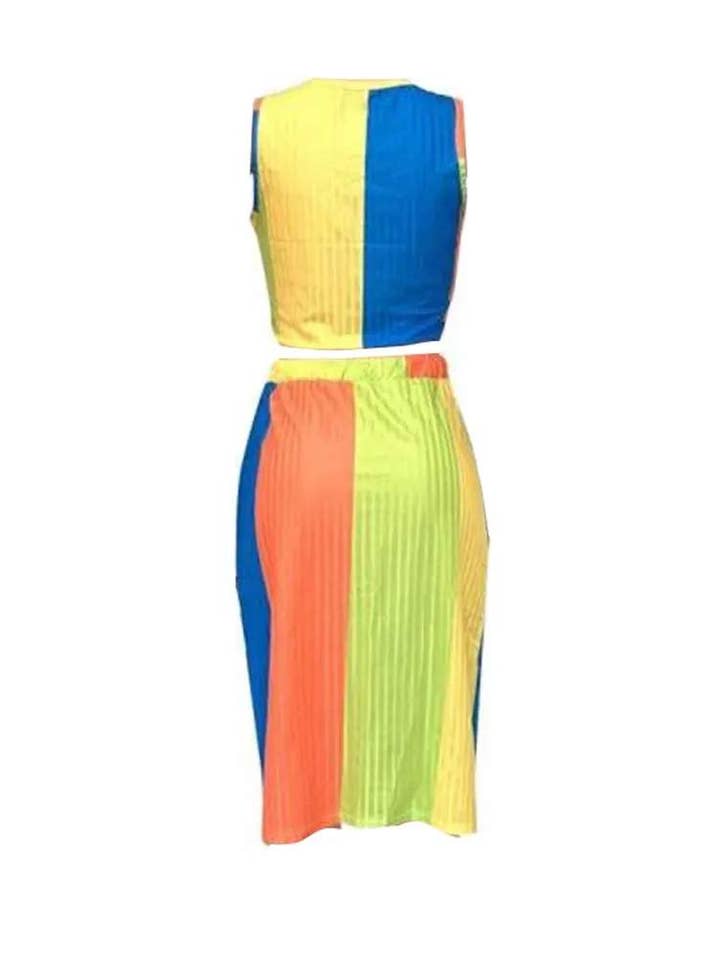 Fashion Combination - Vente Ensemble haut et jupe - Femme - ensemble de jupe courte côtelée colorblock grande taille4