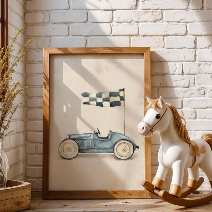 Vintage Raceauto Kunst - Minimalistisch - Blauw voor wholesale door Artsriver