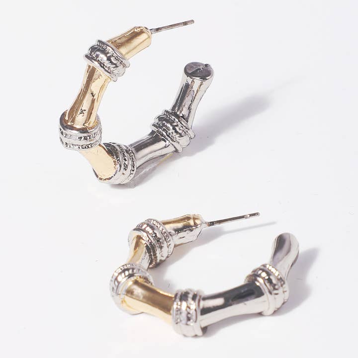 Bamboo Inspired Two Tone Hoop Post Earrings for wholesale by Fashion City