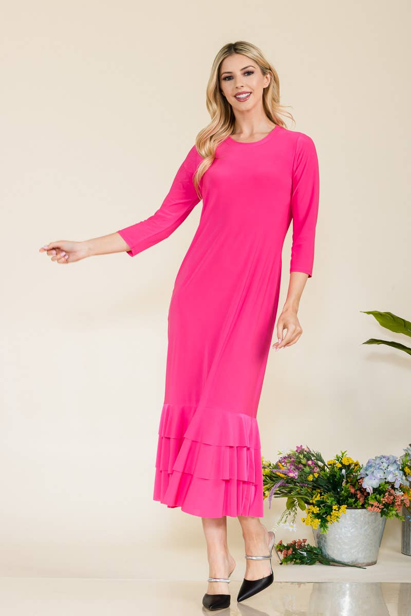 Celeste Clothing – Großhandel Kleid – Damen – Großgrößen-Midikleid mit gestuften Rüschen und 3/4-Ärmeln7