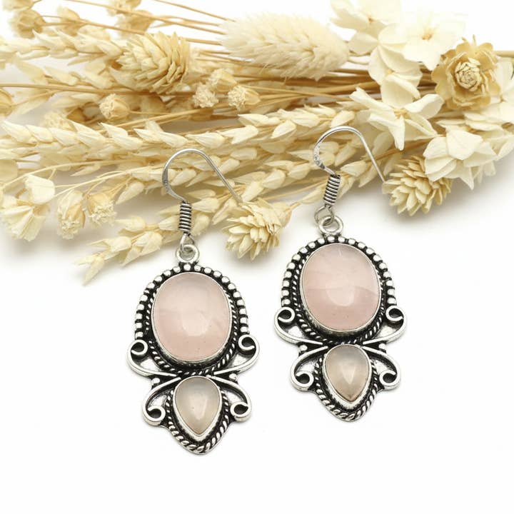 Boucles d'oreilles en quartz rose pour la vente par Produtos Namasté