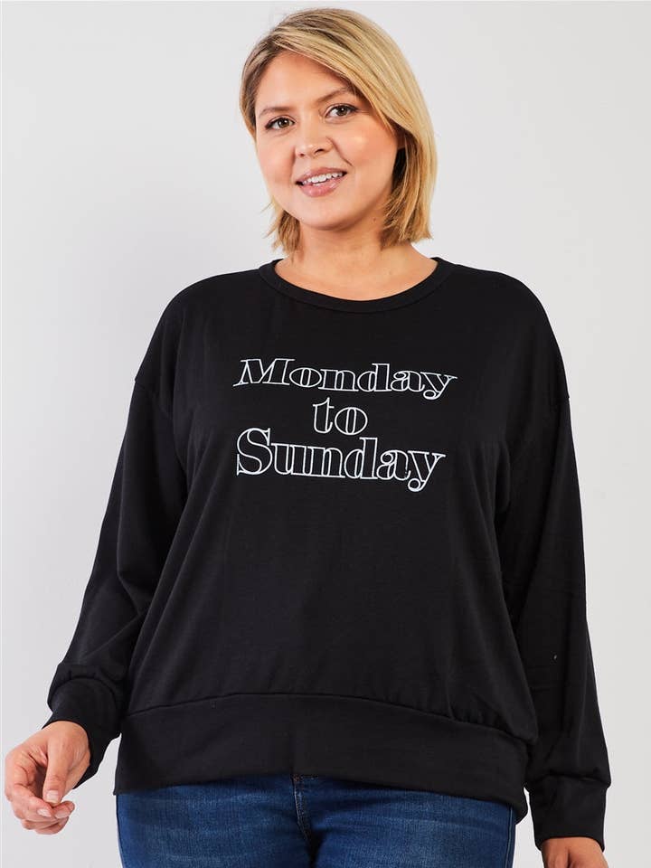 Black "monday Sunday" Print Long Sleeve Relaxed Sweatshirt for wholesale by CC Wholesale Clothing