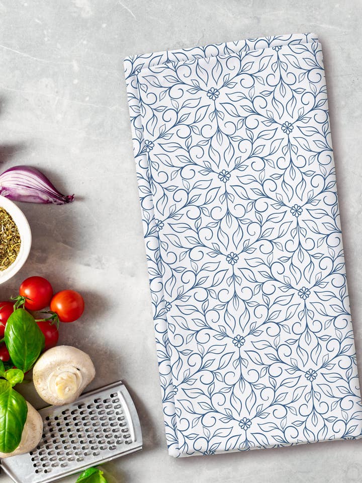 Tea Towel - Hexagon Vines - White/Blue | 19 x 27" for wholesale by Roxy Lane Design