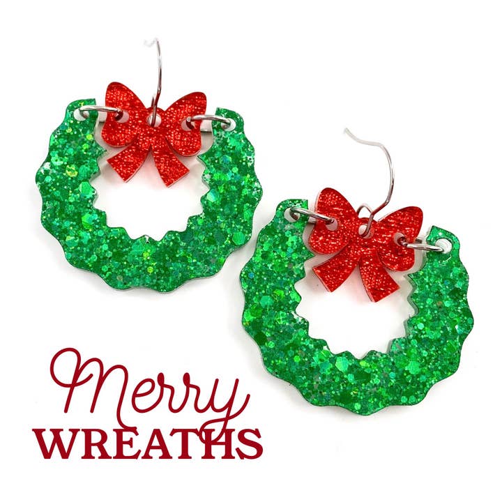 Doohickies - Wholesale Hangende/ronde oorbellen - Rode en groene Merry Wreath Dangles - Kerstorbellen