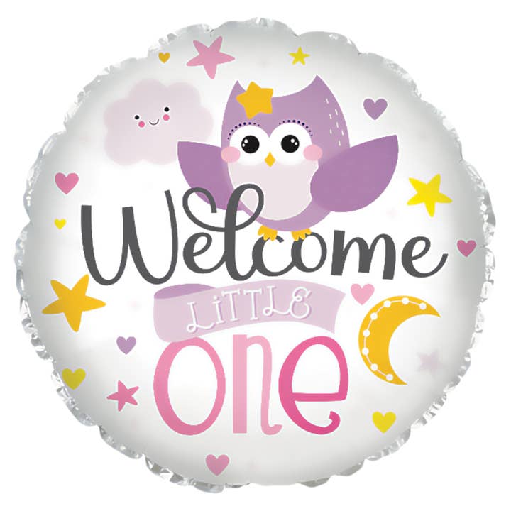 Welcome Little One Purple Owl Foil Balloon - Bagged for wholesale by Kelli's
