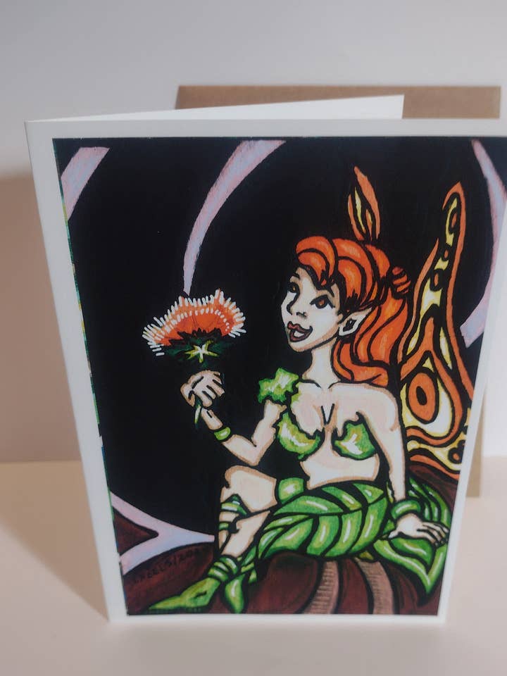 Tomt gratulationskort - Fantasitema Röd Fe för wholesale av Laura Noel Art and Music