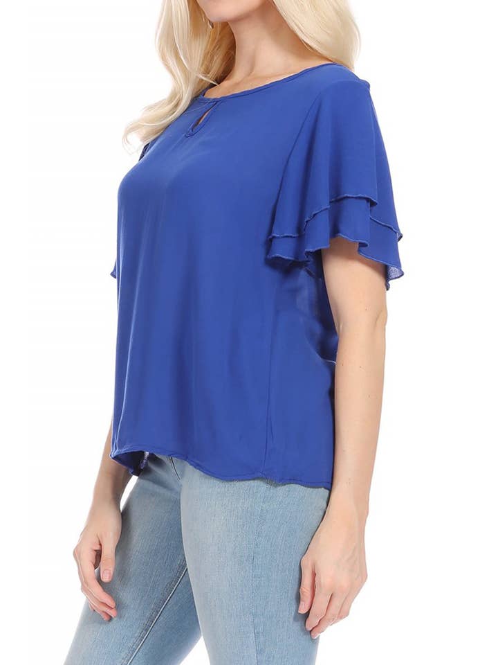 MOA COLLECTION - Wholesale Blouse - Women's - Casual Solid Flowy Short Flutter Sleeve Key Hole Blouse25