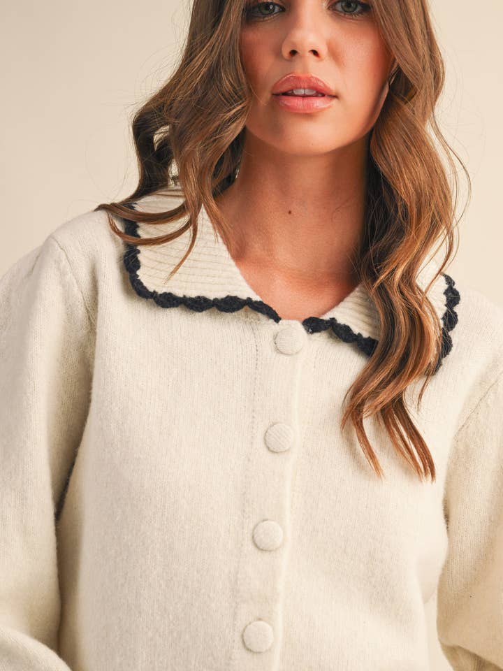 CONTRAST SCALLOPED COLLAR SWEATER CARDIGAN MSW11141 for wholesale by &MERCI