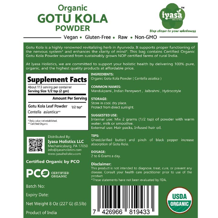 Iyasa Holistics – wholesale Protein/superfood powder – Organic Gotu Kola Powder5