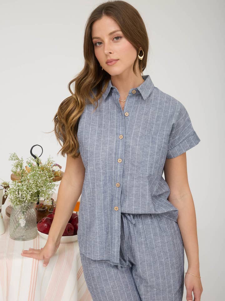 STRIPE LINEN COLLARED SHORT SLEEVE SHIRT for wholesale by Blu Pepper