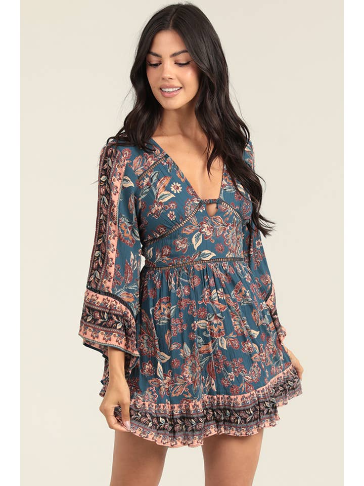 ANGIE - Wholesale Dress - Women's - F4L21-FR32 DEEP VNECK KEYHOLE LONG SLEEVE KNEE LENGTH DRESS