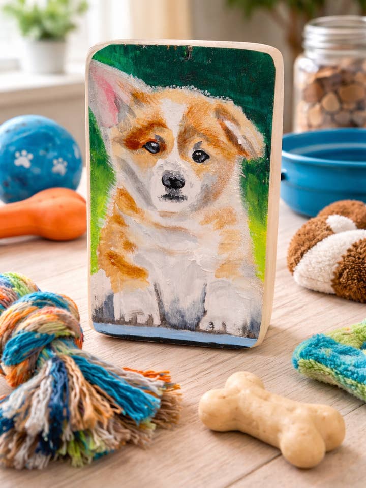 Hand-painted Adorable Puppy on Wooden Block for wholesale by Kelly Jean Paintings