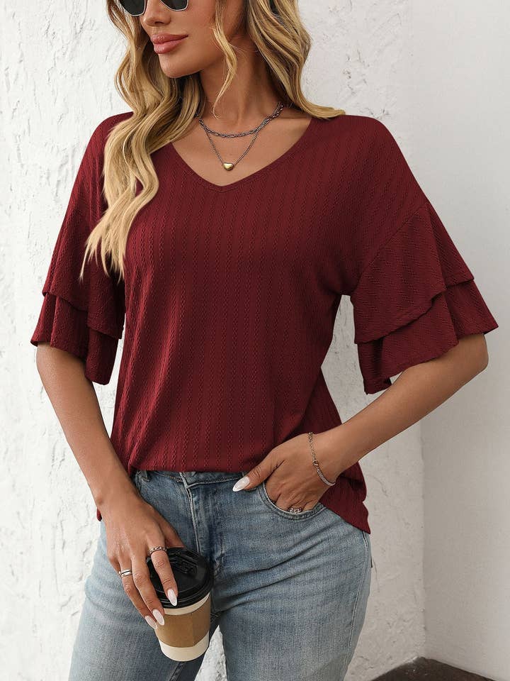 Lovesoft - Wholesale Blouse - Women's - 2025 Spring Solid Color V-Neck Ruffle Sleeve Short-Sleeve Top