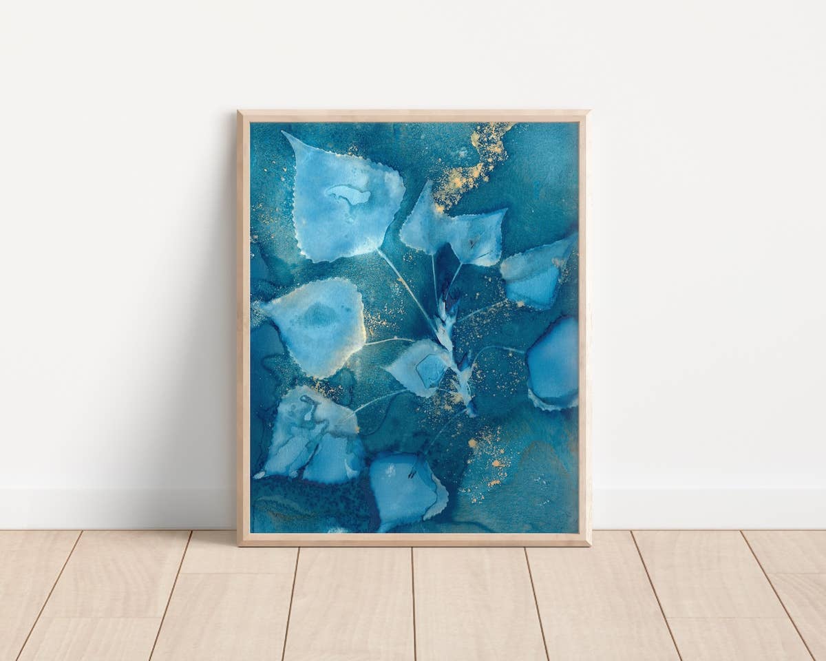 Far Mountain Studio - Wholesale Art Print - "Cyan Leaf Splash" Blue Fine Art Print 8"x10" Unframed