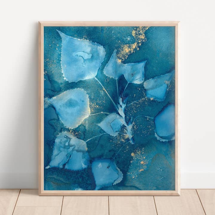 "Cyan Leaf Splash" Blue Fine Art Print 8"x10" Unframed for wholesale by Far Mountain Studio