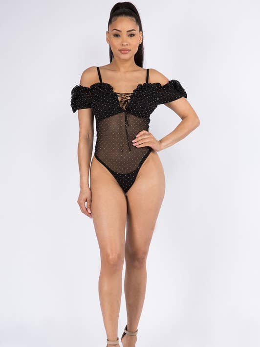 JT2465-POLKADOT MALLA ENCAJE HASTA EL HOMBRO FUERA MONO para venta al por mayor de Vibrato Clothing