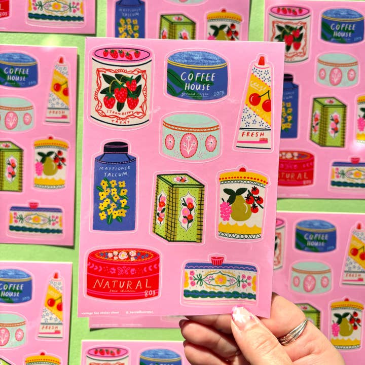 Vintage-Inspired Tin & Can Sticker Sheet – Cute Retro Container sticker sheet for wholesale by Kerrie Illustrates