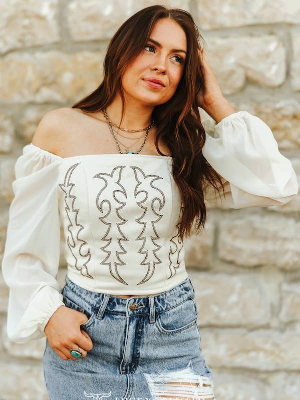 Top a maniche lunghe elasticizzato ricamato con cuciture avorio per la vendita all'ingrosso da parte di LUCKY & BLESSED