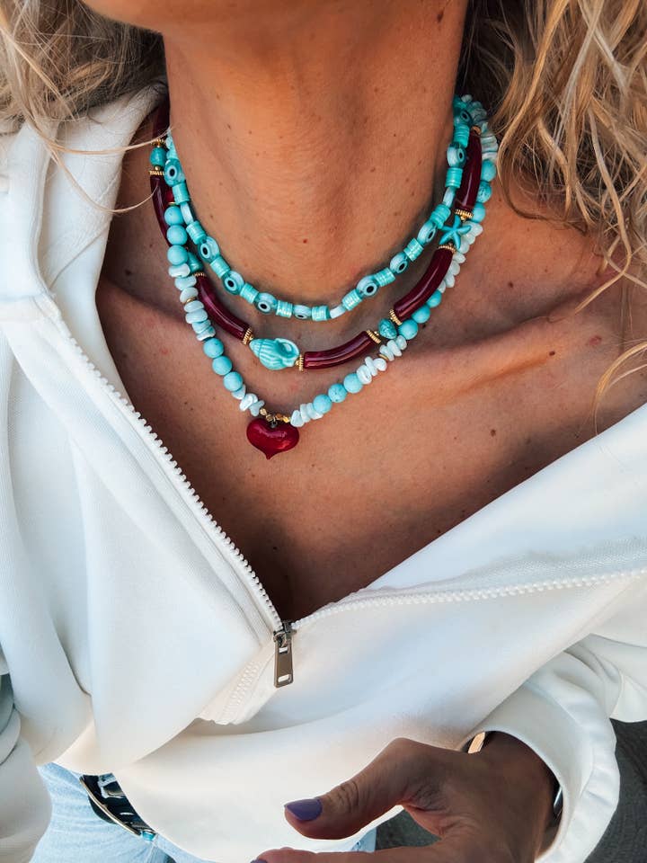 Turquoise & Cherry Red Beaded Necklaces,Layered Boho Jewelry for wholesale by Goupi
