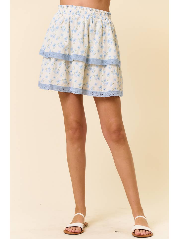 Doe and Rae – Saia - Mulher por atacado – Saia Mini de Renda em Camadas com Estampa Floral Puff - 6551S