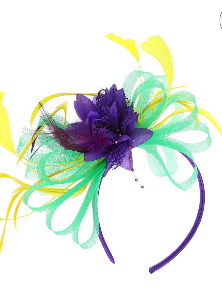 2-Piece Mardi Gras Floral Mesh Ribbon Fascinator for wholesale by SP Sophia Collection
