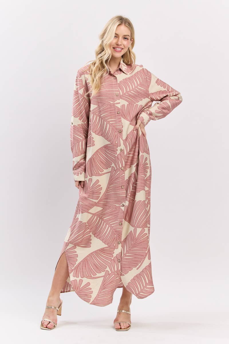 B I G H I T Fashion - Wholesale Dress - Women's - Palm Print Button-Down Maxi Dress HD3104-BLUSH3