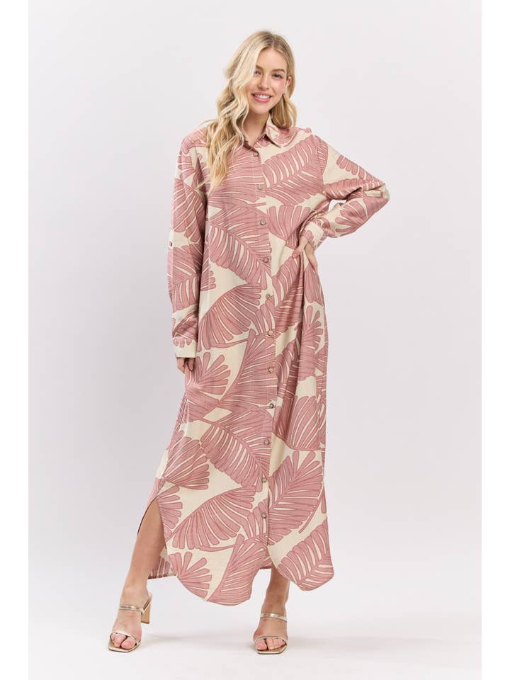 B I G H I T Fashion - Wholesale Dress - Women's - Palm Print Button-Down Maxi Dress HD3104-BLUSH3