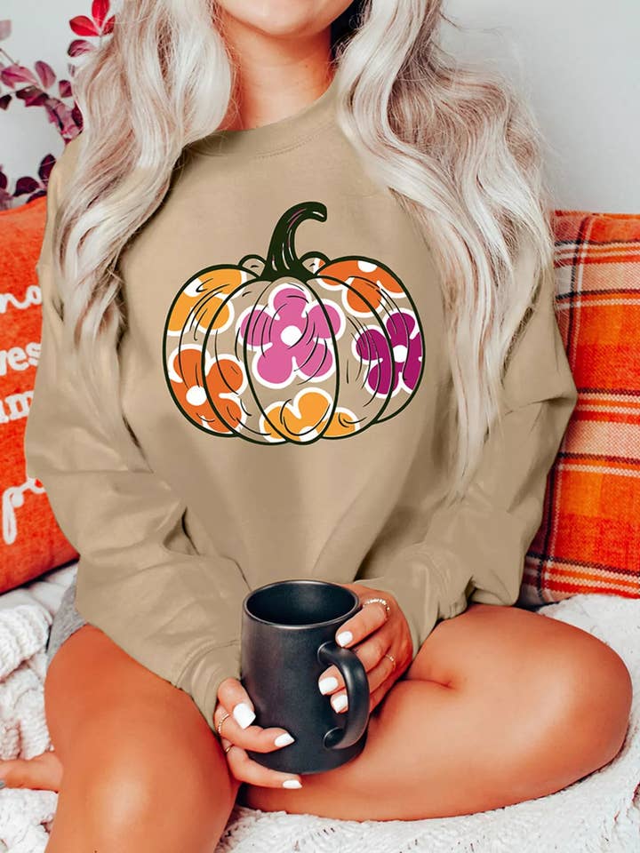 Halloween Floral Pumpkin Graphic Drop Shoulder Sweatshirt for wholesale by ClassiQ