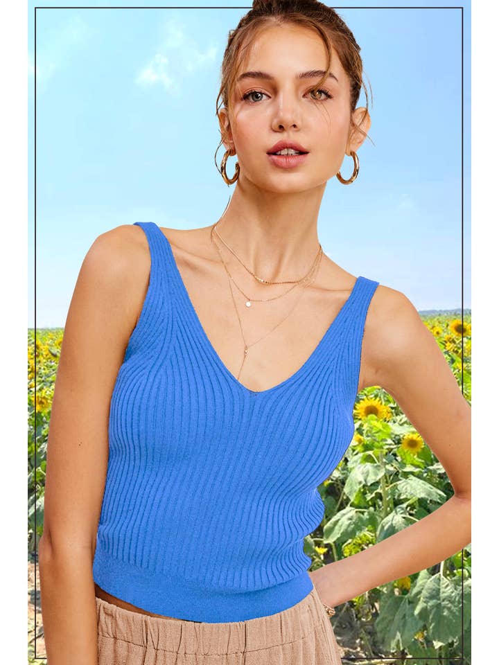 La Miel - Vendita all'ingrosso Top in maglia - Donna - Top crop senza maniche a costine con scollo a V morbido9