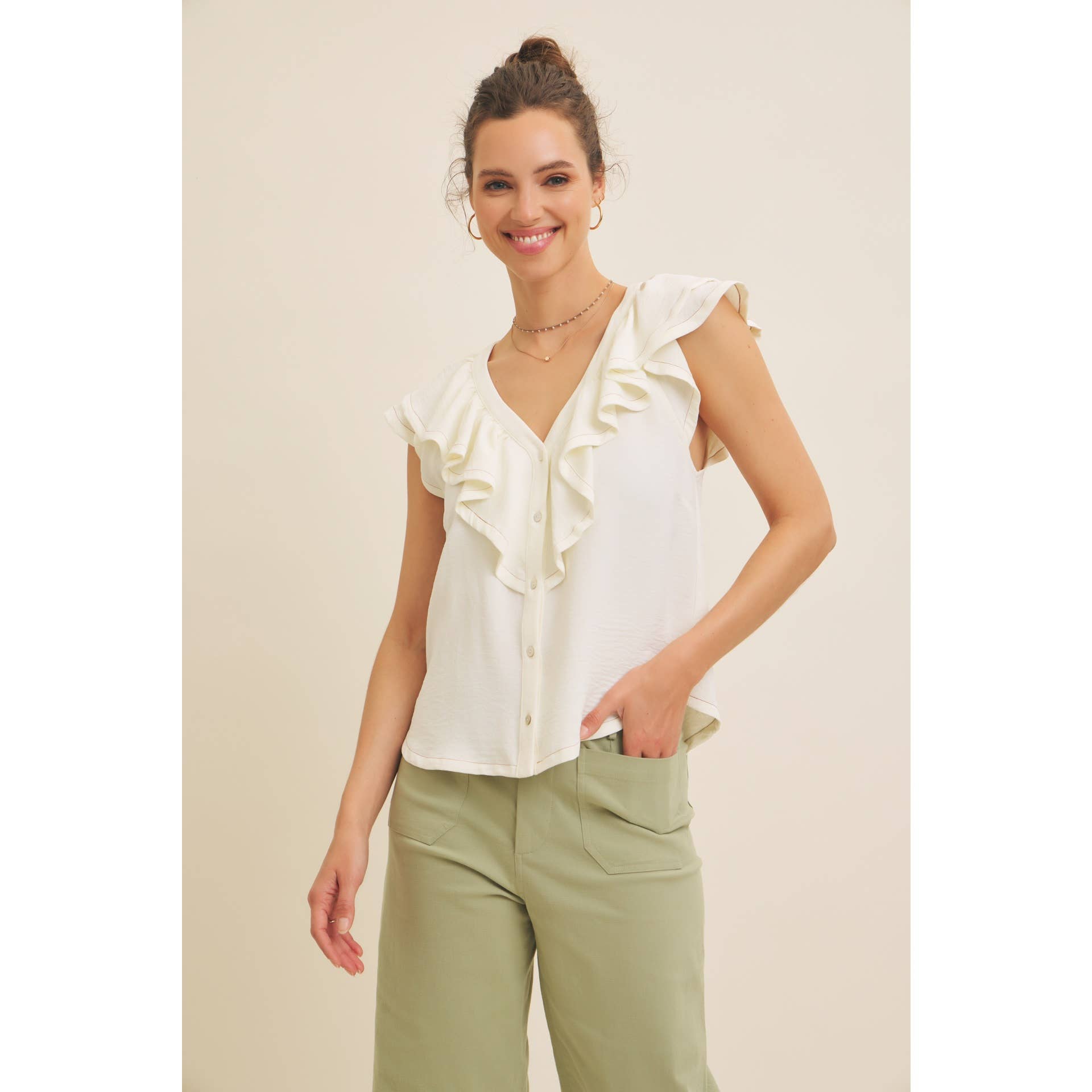 in february - Wholesale Blouse - Women's - RUFFLE BLOUSE TOP WITH BUTTON-DOWN FRONT AND CONTRAST STITCH11