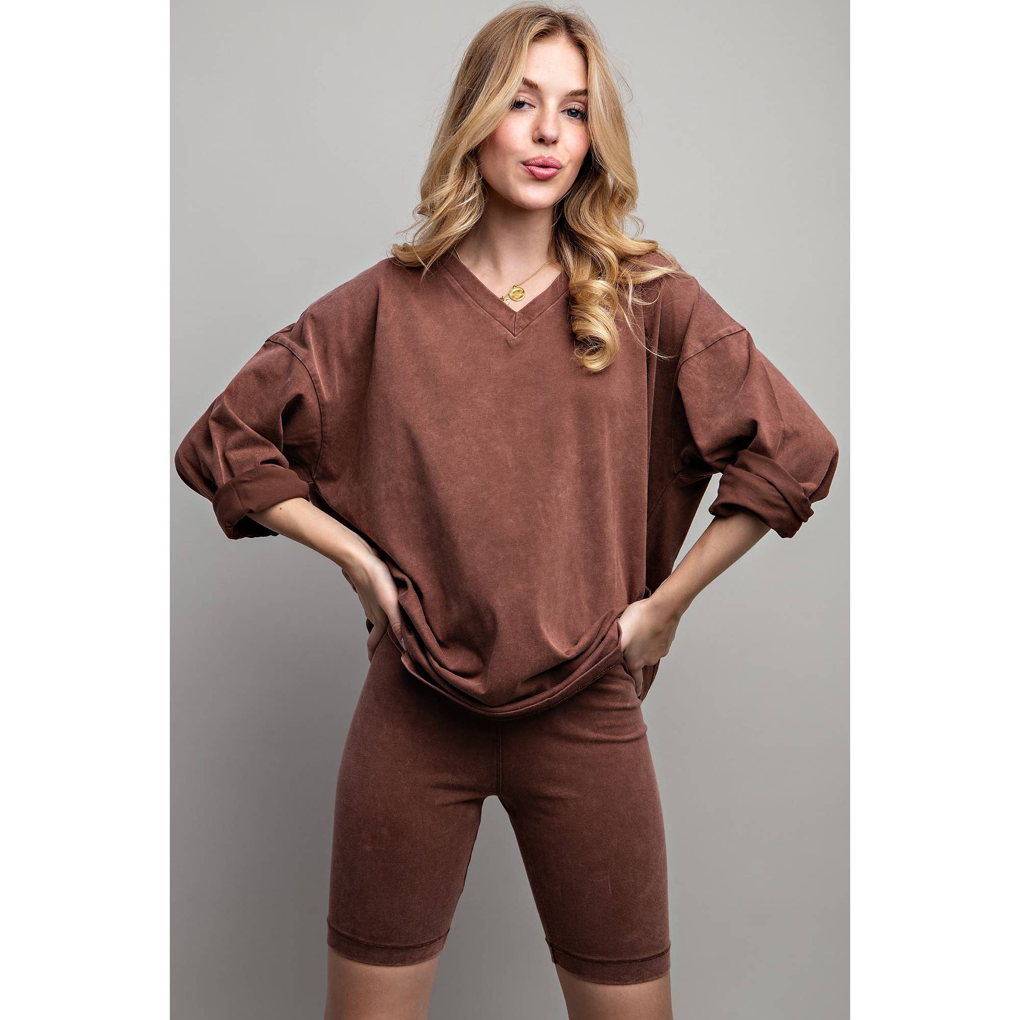 Sweet Generis - Wholesale Lounge Set - Women's - COTTON MINIERAL WASHED OVERSIZE TOP WITH CASUAL BIKER SHORT 9