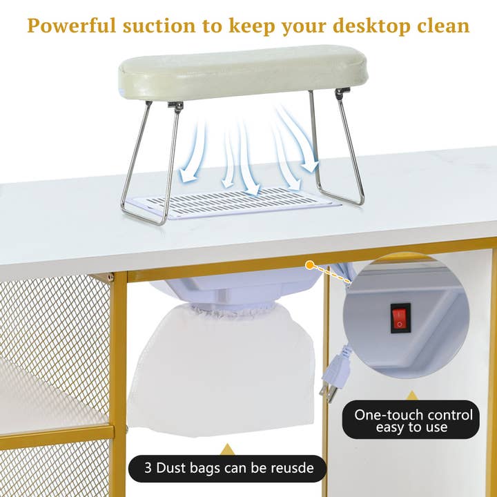 Orange County Decor - Wholesale Cabinet - Manicure Table, Marbling Texture Nail Table With Electric Downdraft Vent,Wrist Cushion, Lockable Wheels, Storage Layers & Cabinet,White Gold White Modern Mdf Mdf Metal