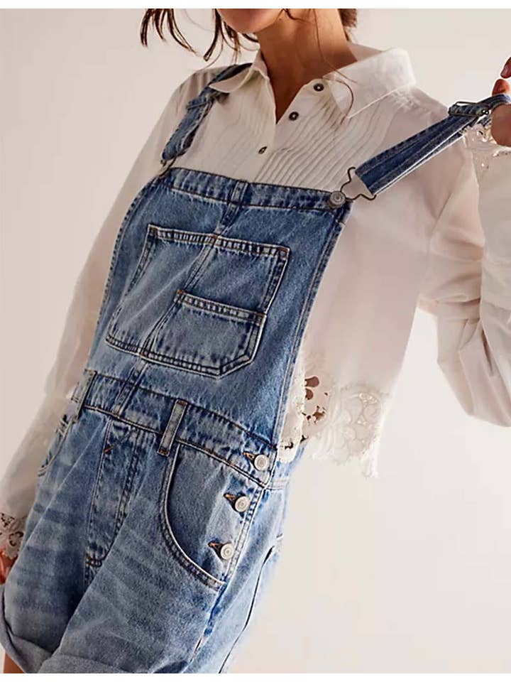 Sweetkama - Wholesale Romper - Women's - Ladies Solid Color Pocket Roll Denim Romper1