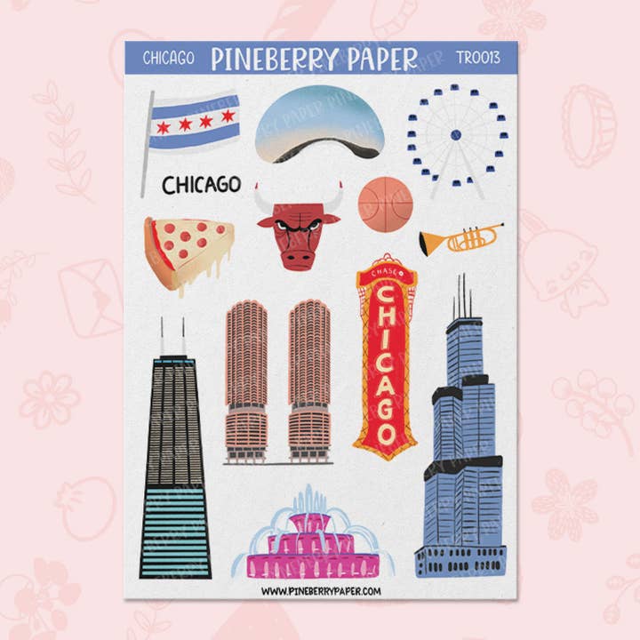 Chicago Sticker Sheet for wholesale by Pineberry Paper