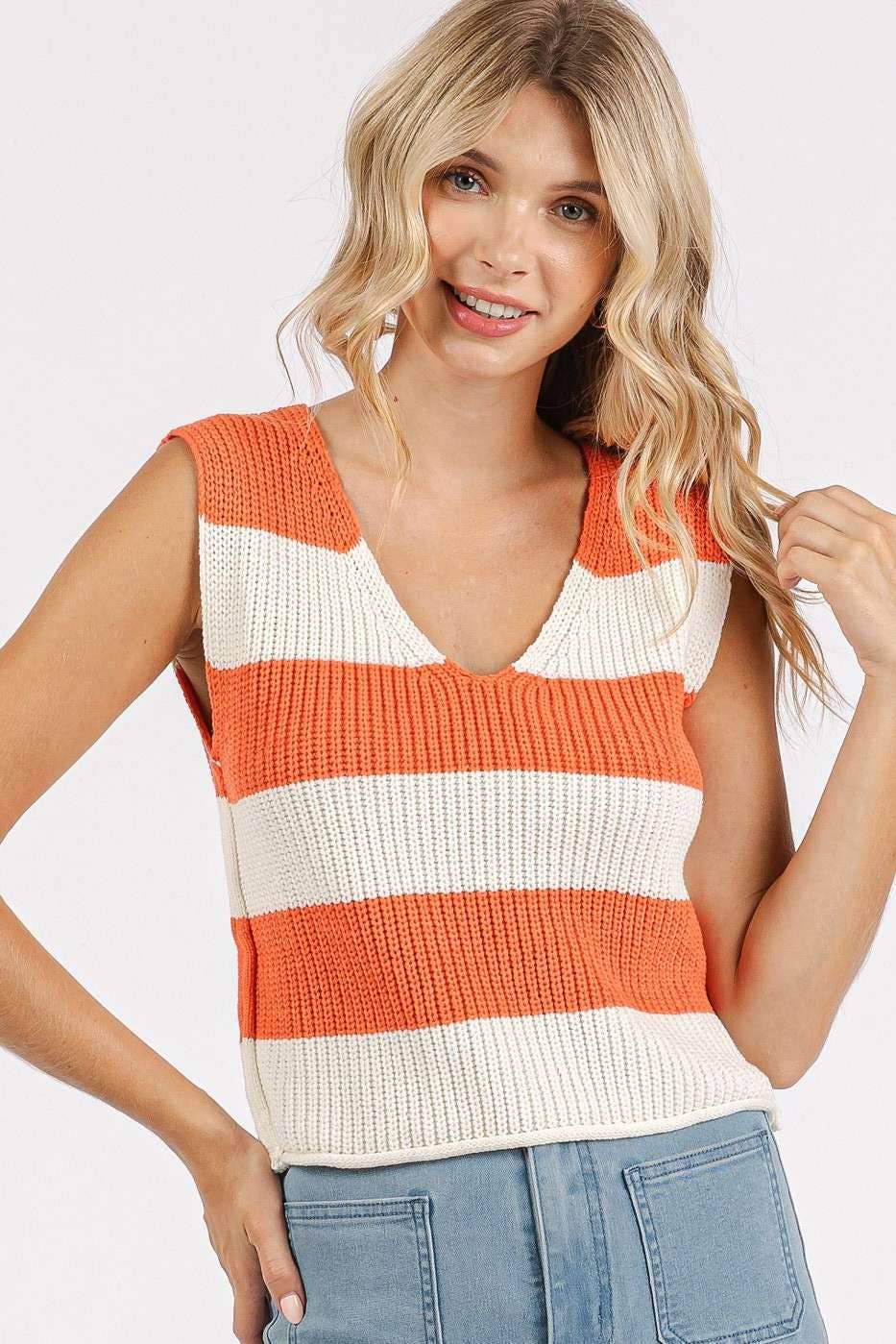 mittoshop - Wholesale Sweater Vest - Women's - STRIPED V-NECK CROPPED SWEATER VEST TOP27