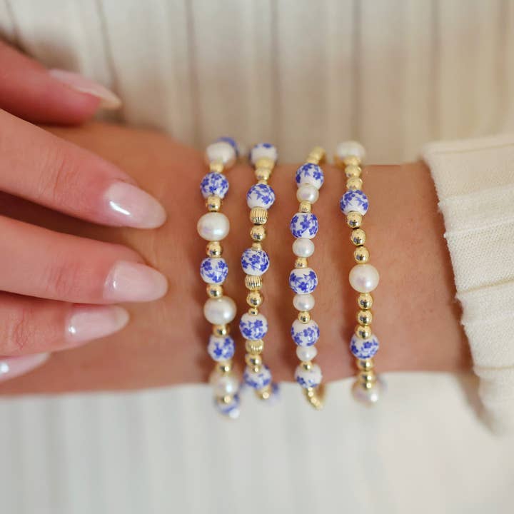 bara boheme - Wholesale Beaded Bracelet - BLUE ROSE | Floral Porcelain & Gold-Filled bead Bracelet