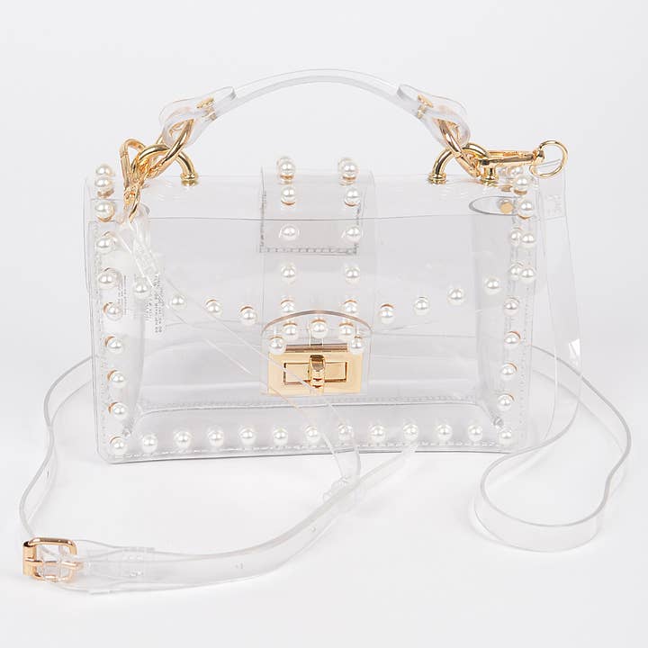 Transparent Single Handle Clutch W/Faux Pearl for wholesale by 3AM BY H&D ACCESSORIES