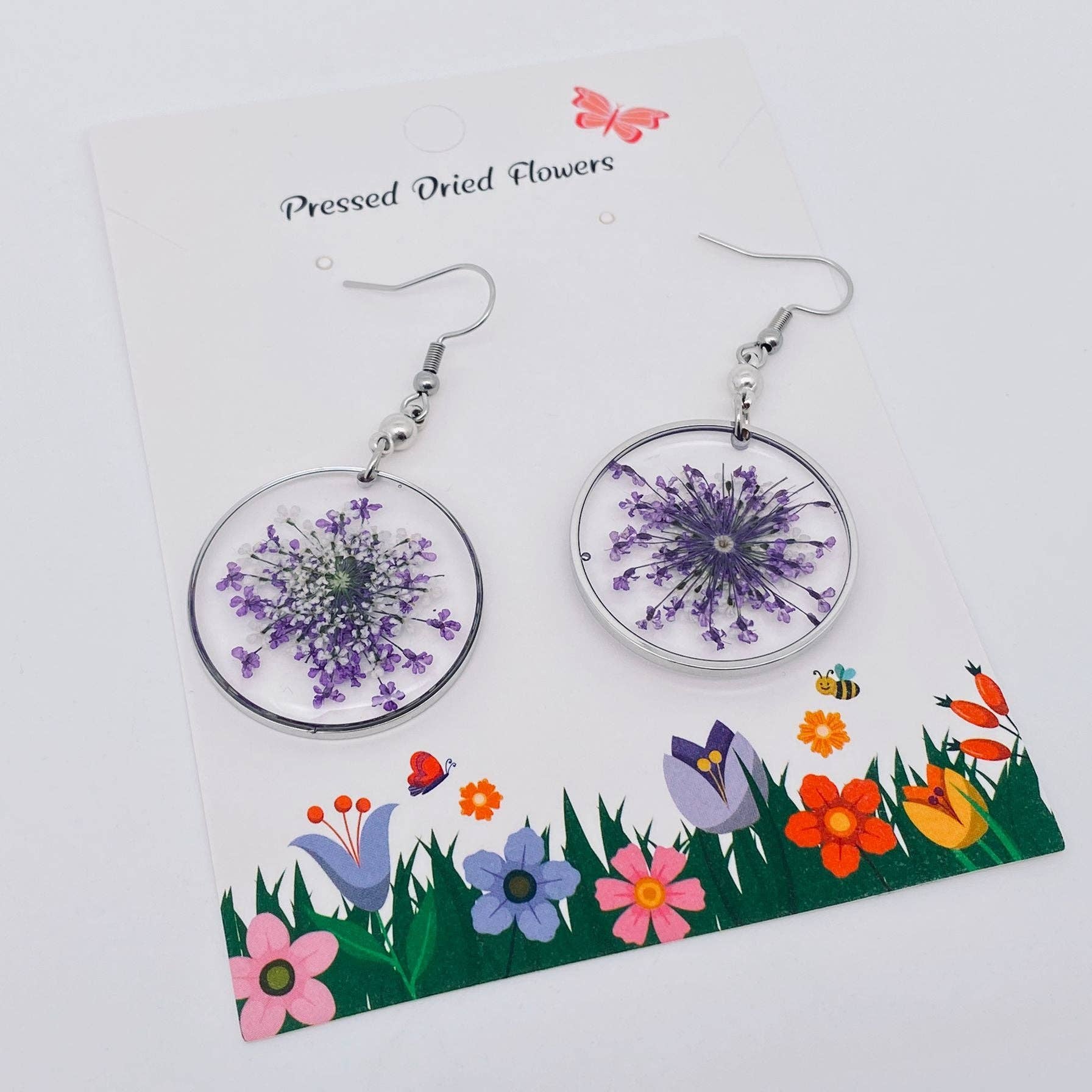 Mio Queena - Wholesale Dangle Earrings - Queen Anne's Lace Round Pendant Dried Flowers Earrings - PDF3