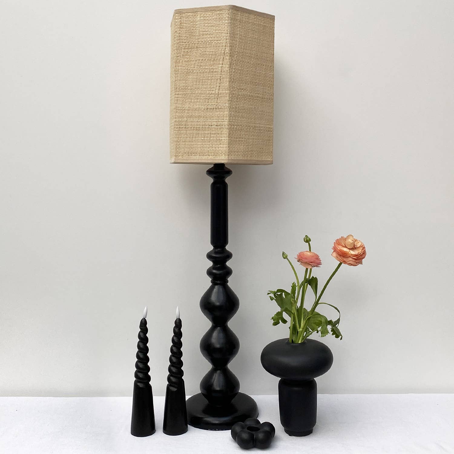 2 black natural wax twisted pillar LED candles D5.5 H24.5cm (battery operated) for wholesale on Faire1