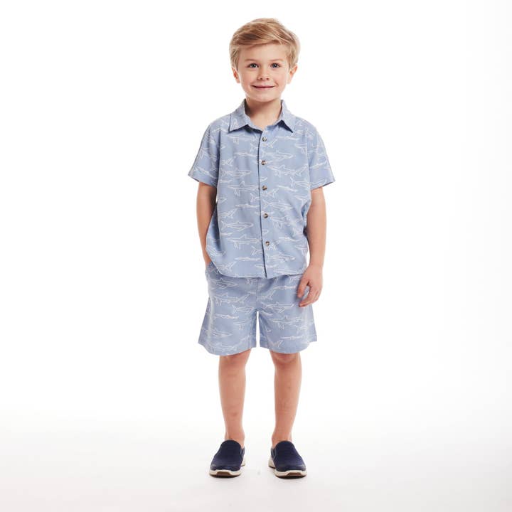 Kids (2-8) Shark Print Buttondown Set | Blue for wholesale on Faire